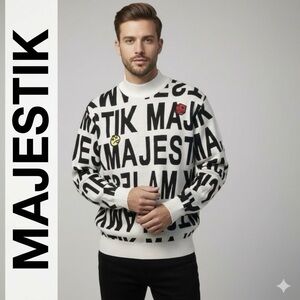 Majestik NYC Blk/White Men's Knit Sweater Allover Spellout Logo Graphic SZ Large